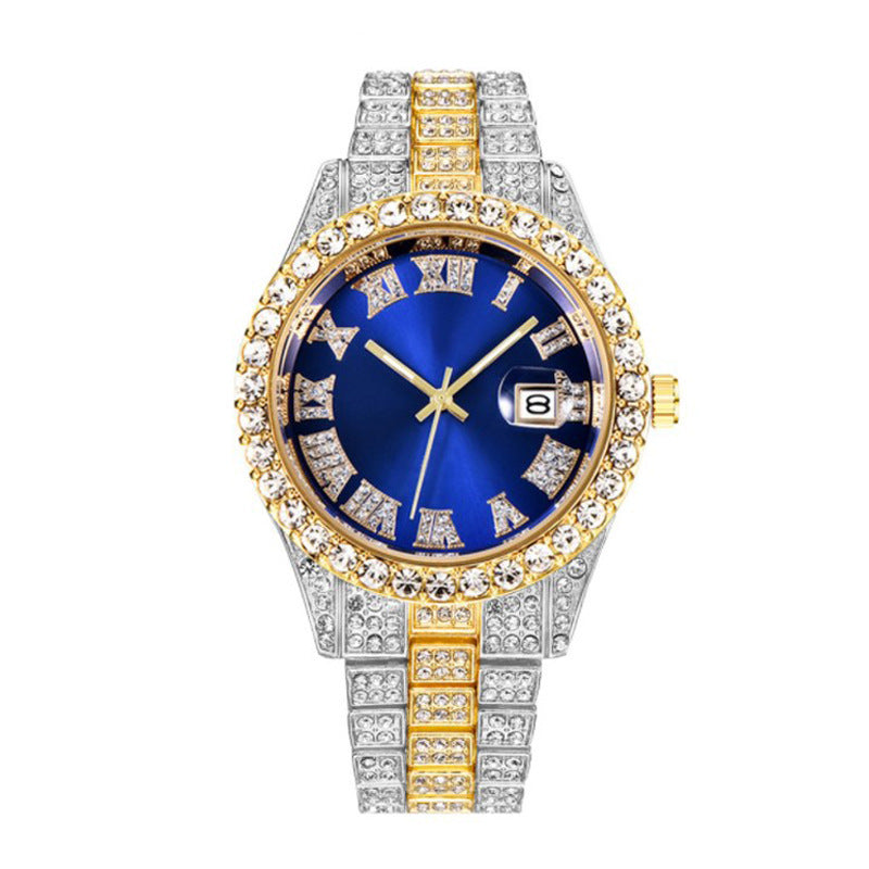 ⌚ RoyalGleam™ Luxe Roman Watch – Men’s Hip Hop Diamond Quartz Watch ✨ Alloy Belt, Roman Scale, Fashion Streetwear Style