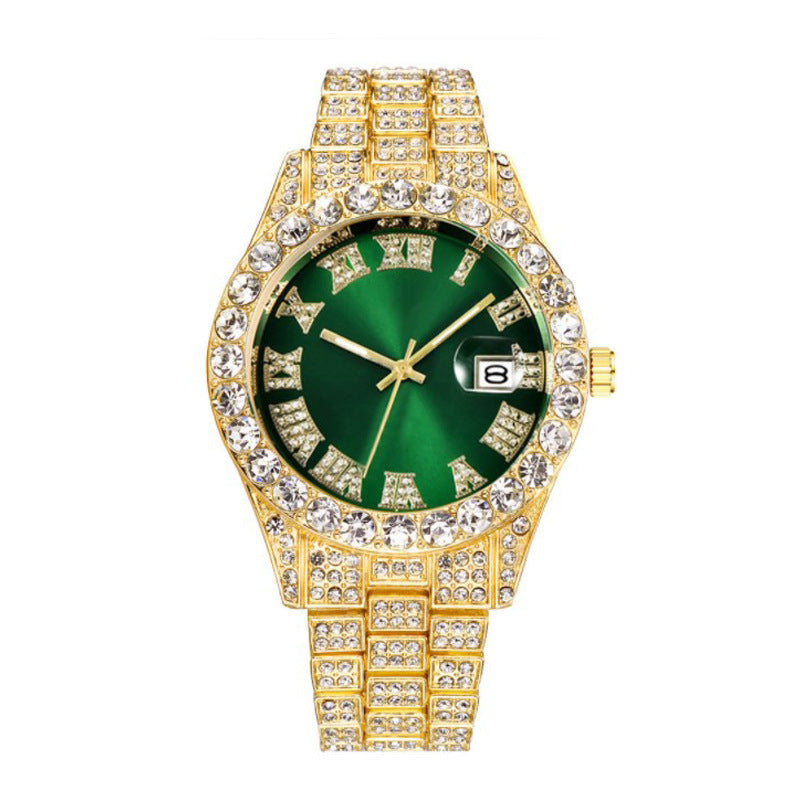 ⌚ RoyalGleam™ Luxe Roman Watch – Men’s Hip Hop Diamond Quartz Watch ✨ Alloy Belt, Roman Scale, Fashion Streetwear Style