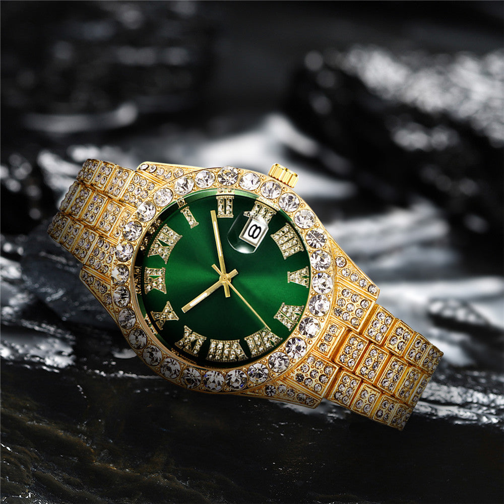 ⌚ RoyalGleam™ Luxe Roman Watch – Men’s Hip Hop Diamond Quartz Watch ✨ Alloy Belt, Roman Scale, Fashion Streetwear Style