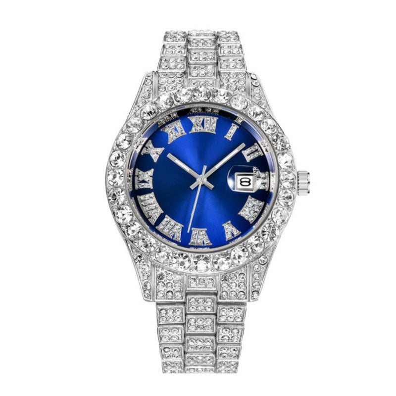 ⌚ RoyalGleam™ Luxe Roman Watch – Men’s Hip Hop Diamond Quartz Watch ✨ Alloy Belt, Roman Scale, Fashion Streetwear Style