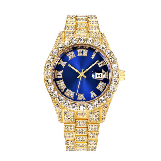 ⌚ RoyalGleam™ Luxe Roman Watch – Men’s Hip Hop Diamond Quartz Watch ✨ Alloy Belt, Roman Scale, Fashion Streetwear Style