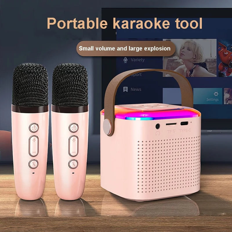 Microphone Karaoke Machine Bluetooth Speaker With 2 Wireless Mic RGB Light Home Family Singing Speaker - AnsonUSpace