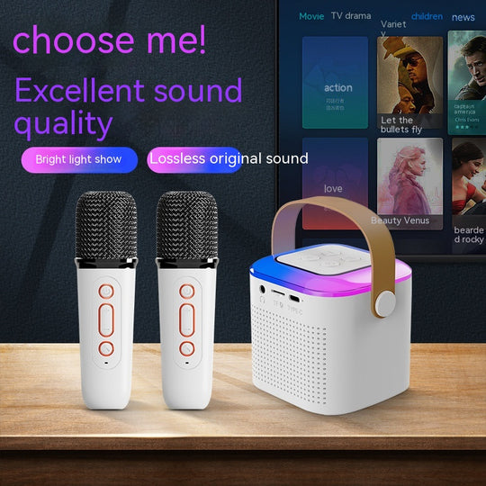 Microphone Karaoke Machine Bluetooth Speaker With 2 Wireless Mic RGB Light Home Family Singing Speaker - AnsonUSpace