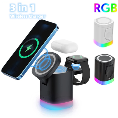 3 In 1 스마트폰용 자기 무선 고속 충전기 Airpods IWatch용 RGB 주변광 충전 스테이션