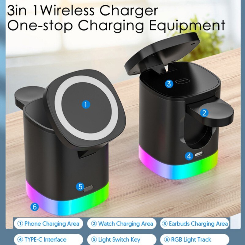 3 In 1 Magnetic Wireless Fast Charger For Smart Phone RGB Ambient Ligh ...
